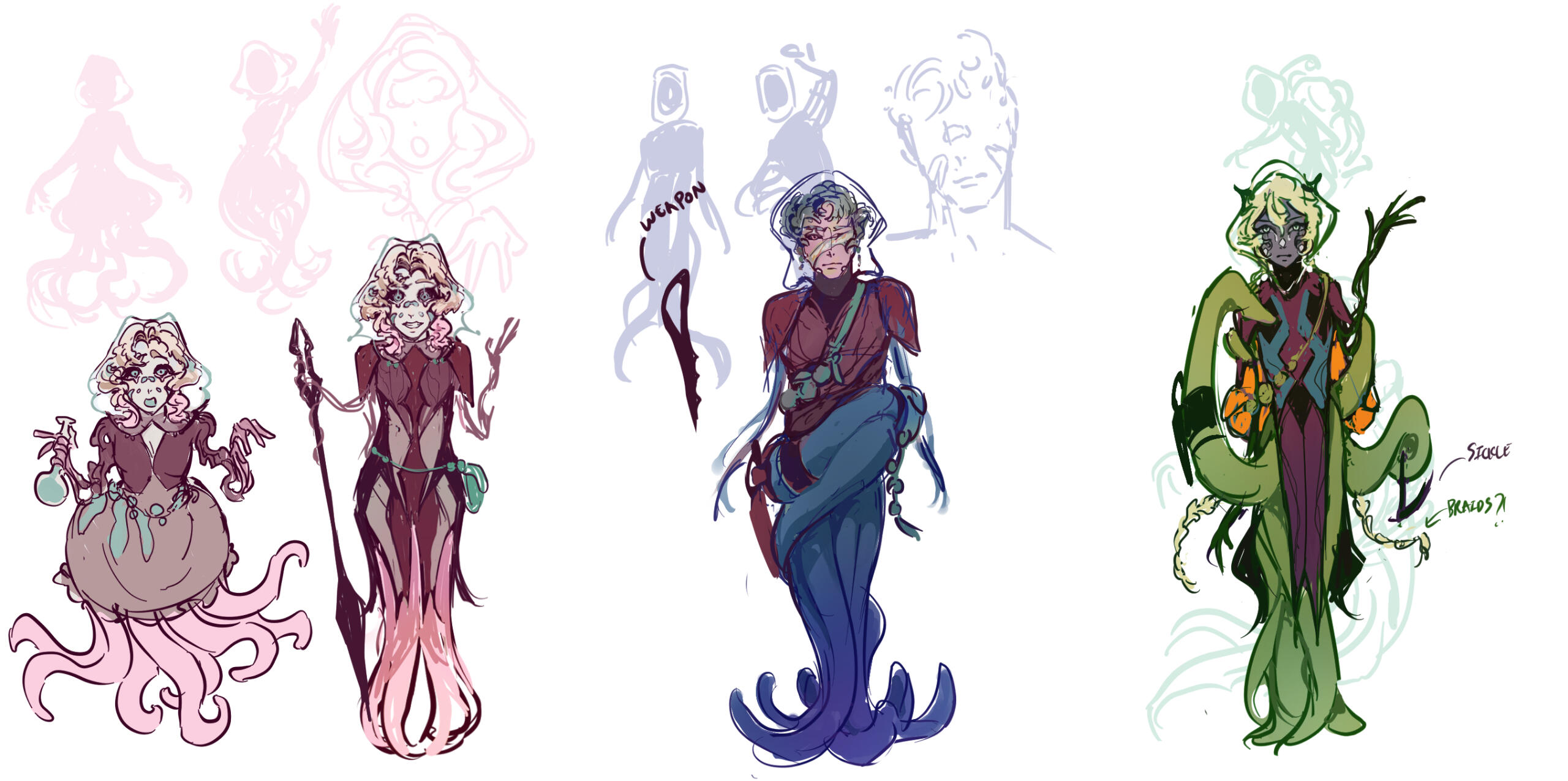 character concepts - Saffron(left), Slackjaw(center), and Sombert(right - under construction)